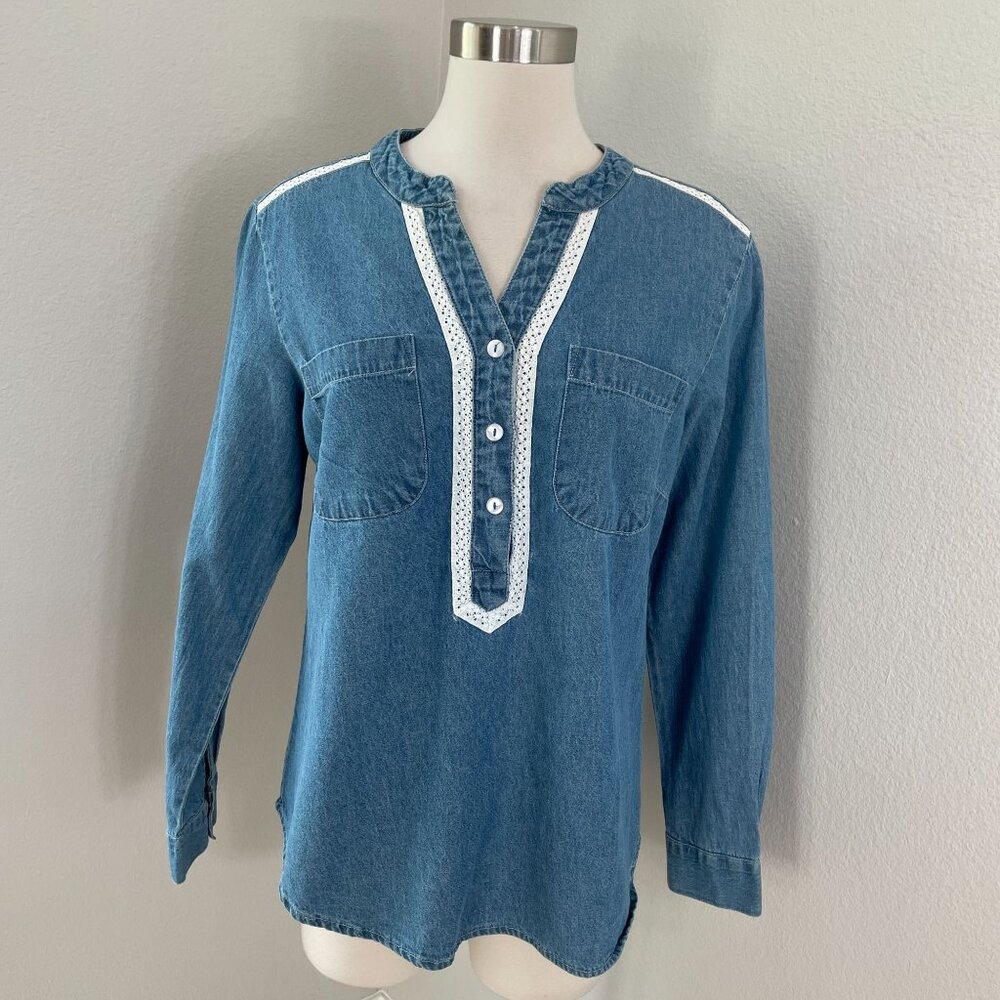 Country Store Womens Medium Denim Tunic Top Blue Long Sleeve Lace Trim Shirt